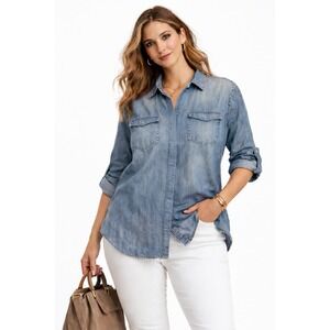 Lane Bryant Chambray Button Front Shirt Plus 22/24 Roll Tab Utility Shirt
